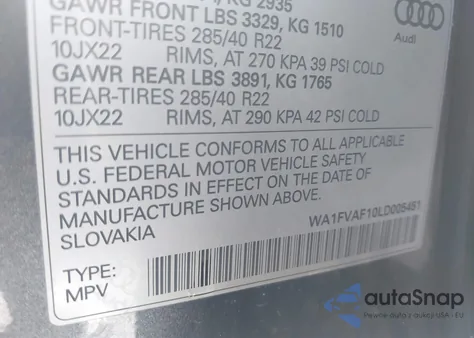 2020 Audi Q8 Prestige 55 Tfsi Quattro Tiptronic из США, поврежденный, VIN WA1FVAF10LD005451